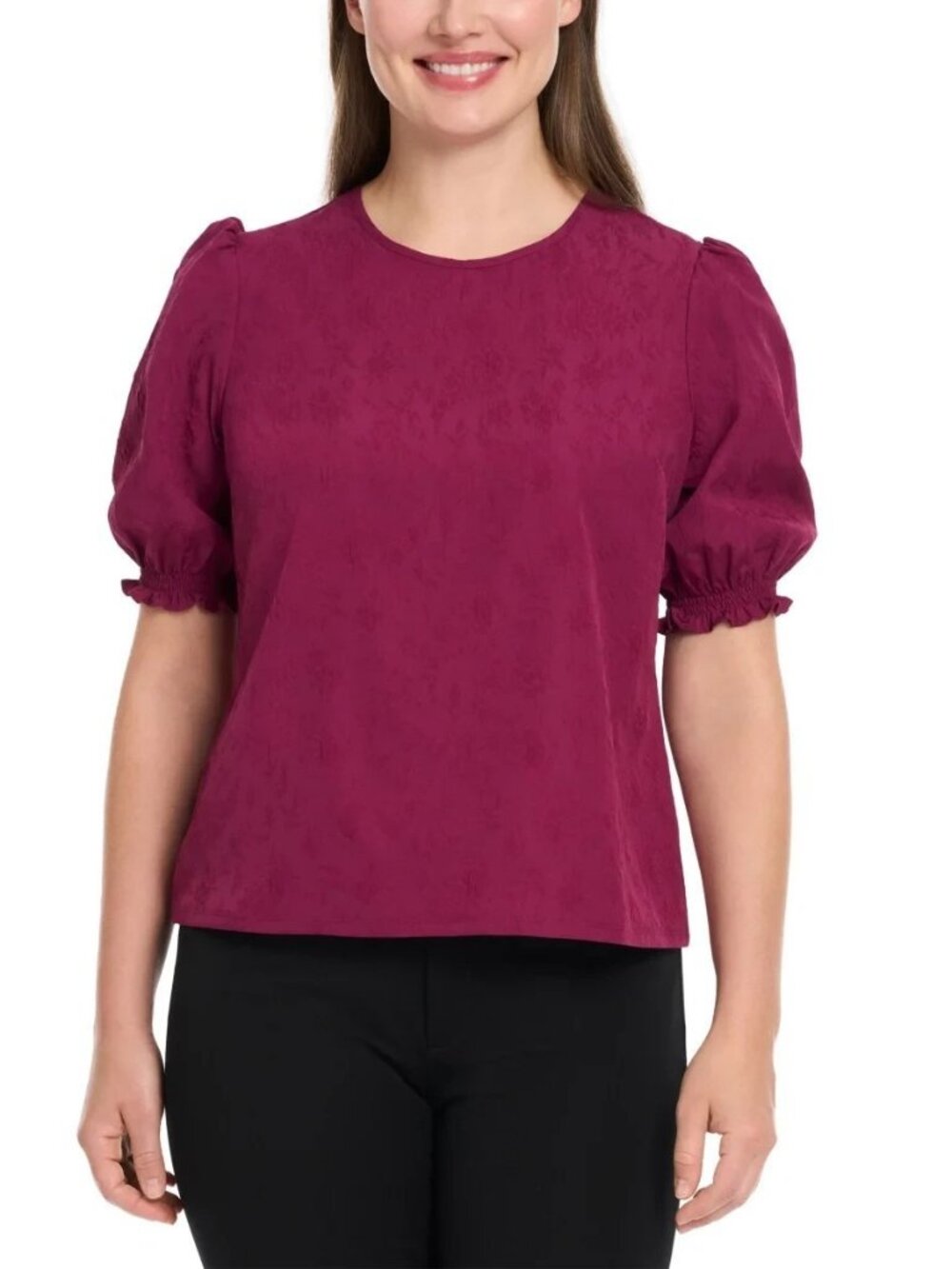 Ted Baker Women's Crewneck Elastic Smocked Short Sleeves Blouse, Purple, Size L